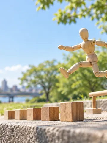 木の人形が積み木の段差を跳び越えるミニチュア