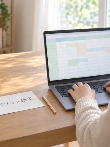 パソコンと「パソコン検定」のメモが置かれた机