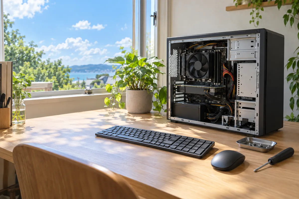 ふたを開けたパソコン本体と工具が並ぶ作業台
