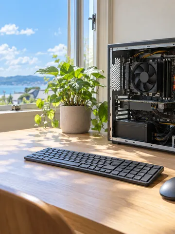 ふたを開けたパソコン本体と工具が並ぶ作業台