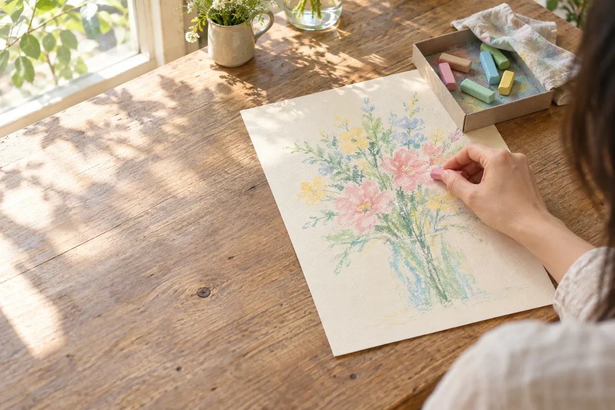 パステルで花の絵を描く手元と色とりどりのパステル