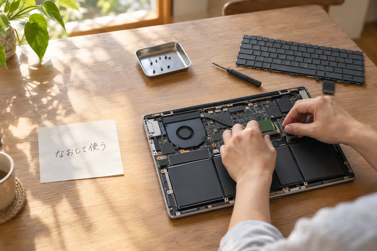 ノートパソコンを分解して修理する手元の作業机