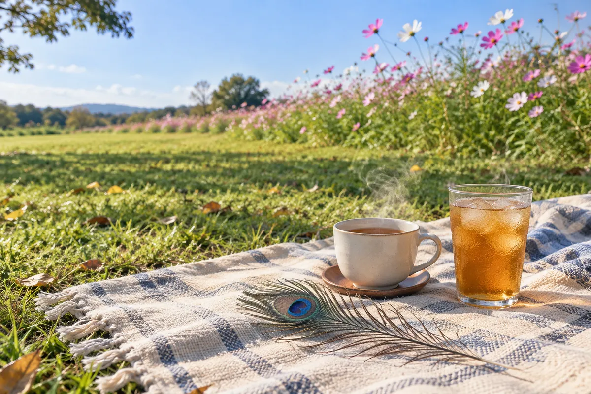 芝生のピクニックシートに置かれた温かいお茶と麦茶、孔雀の羽