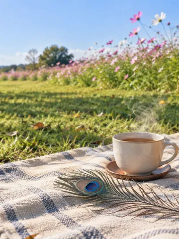芝生のピクニックシートに置かれた温かいお茶と麦茶、孔雀の羽