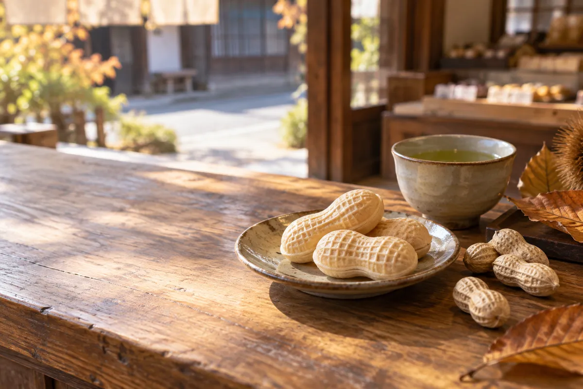和菓子店の台に並ぶ最中の皮と殻付き落花生