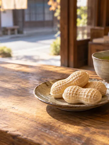 和菓子店の台に並ぶ最中の皮と殻付き落花生