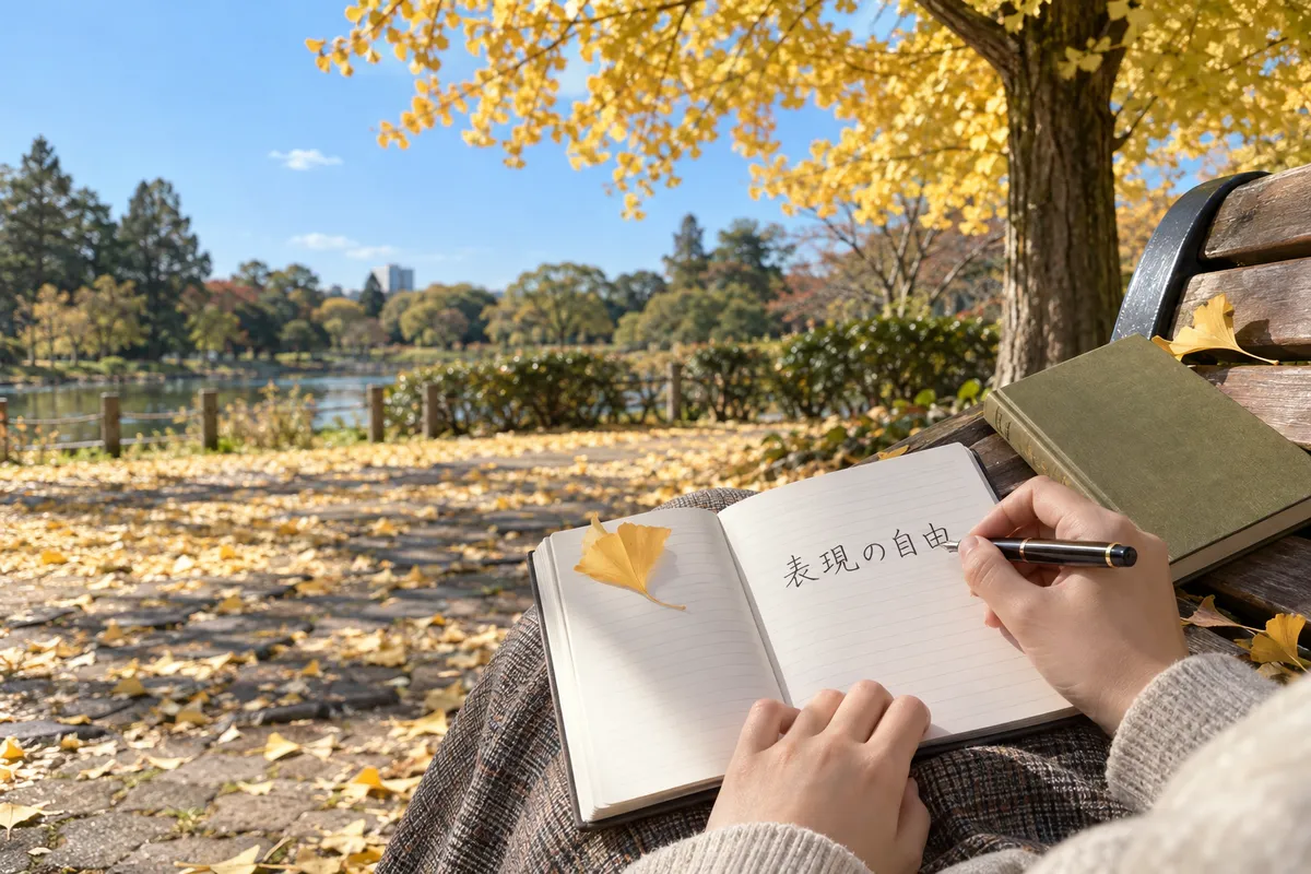 銀杏の下のベンチでノートに文字を書く手元