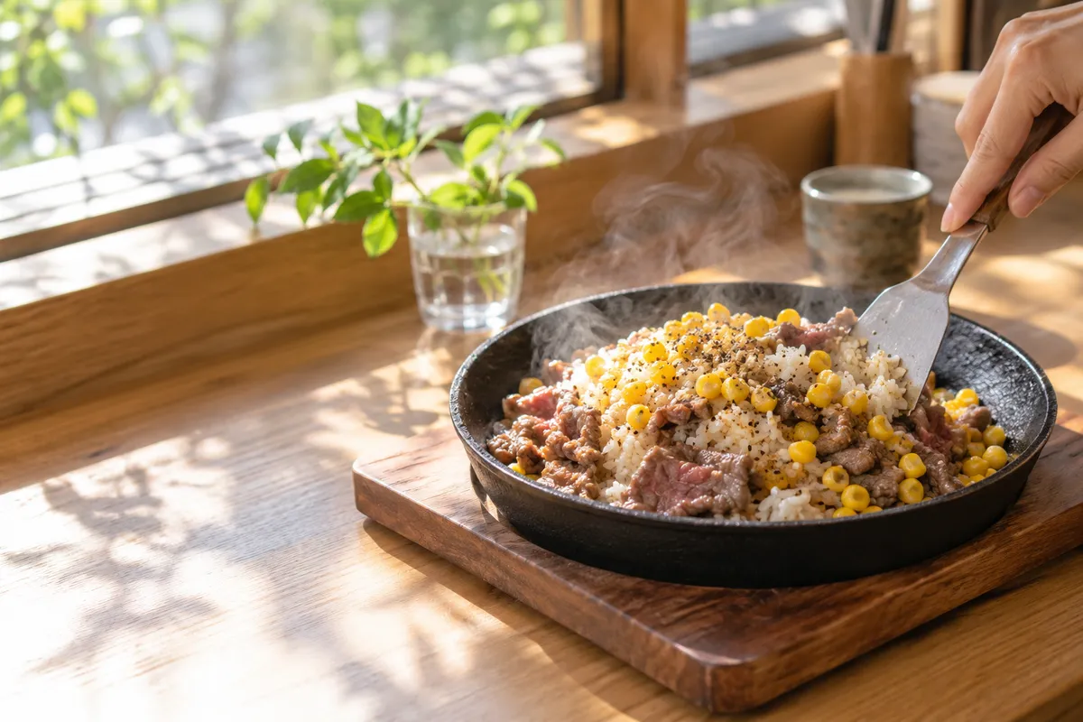 鉄皿で湯気を立てるペッパーライスと混ぜる手元