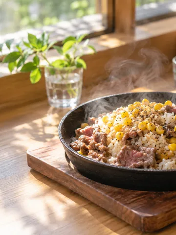 鉄皿で湯気を立てるペッパーライスと混ぜる手元