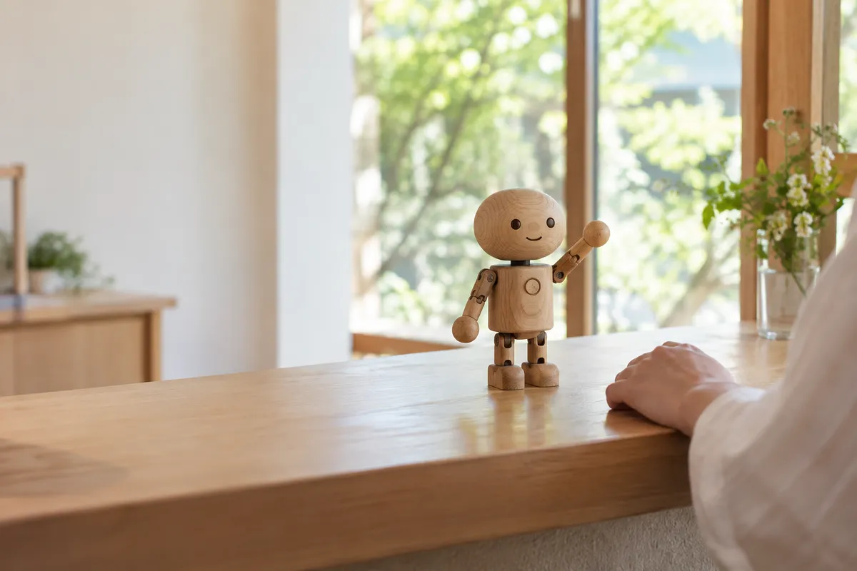 受付カウンターで手を挙げる木製のロボットのおもちゃ