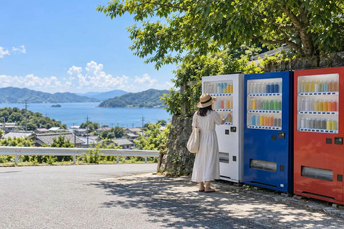 夏の昼下がり、道端に並ぶ自動販売機と手元