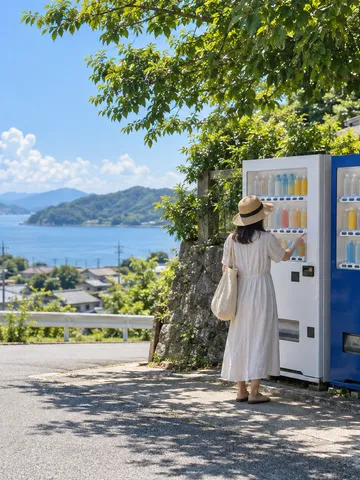 夏の昼下がり、道端に並ぶ自動販売機と手元
