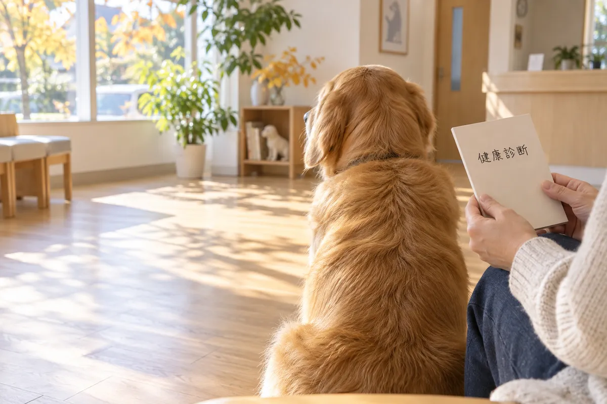 診察を待つ犬の後ろ姿と健康診断と書かれた手帳