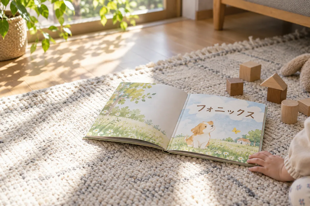 日なたの床に置かれた「フォニックス」の絵本と積み木