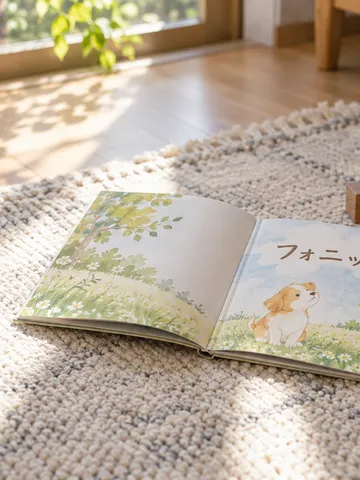 日なたの床に置かれた「フォニックス」の絵本と積み木