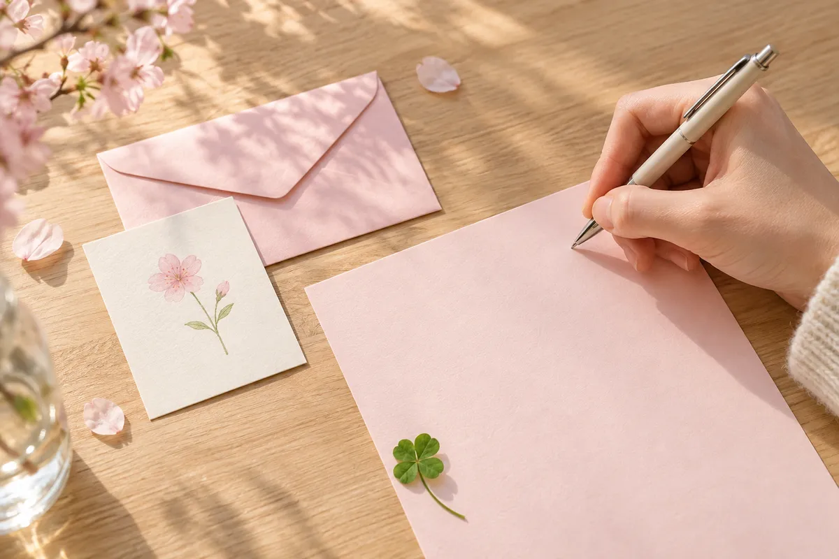 ピンクの便せんに手紙を書く手元