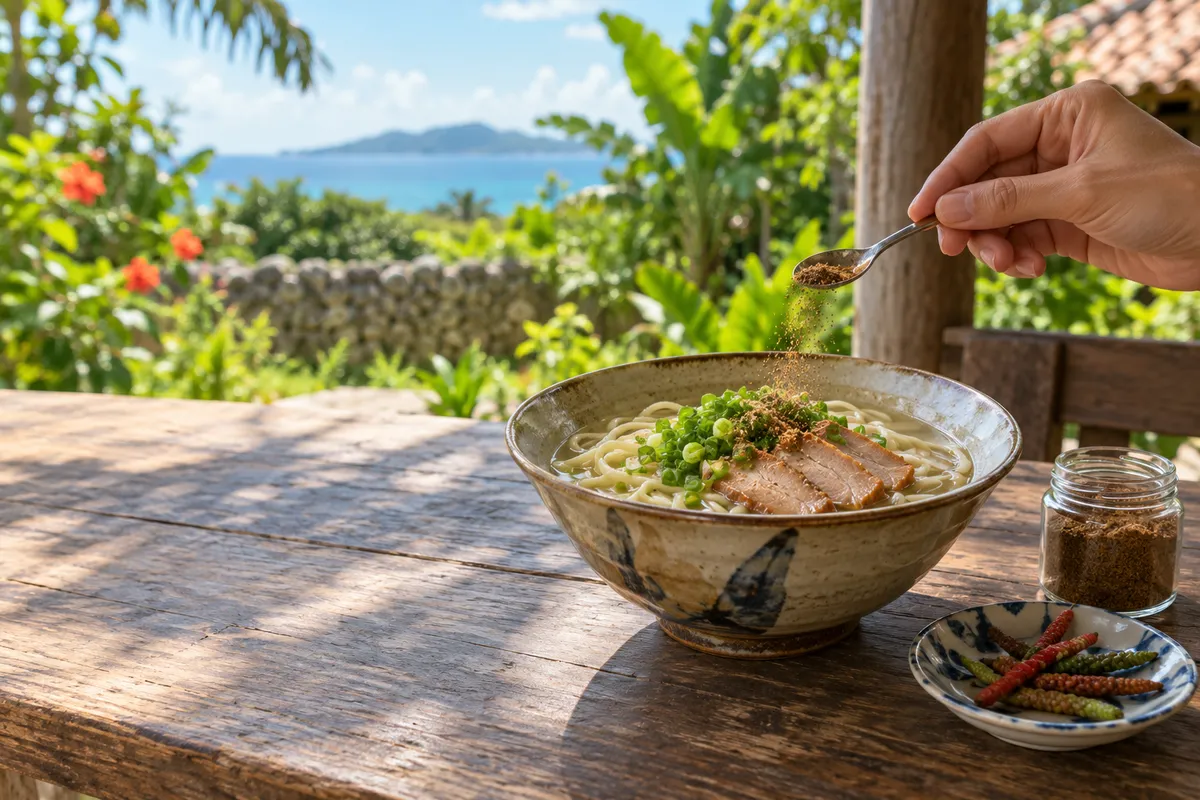 八重山そばに島こしょうの粉をふりかける手元