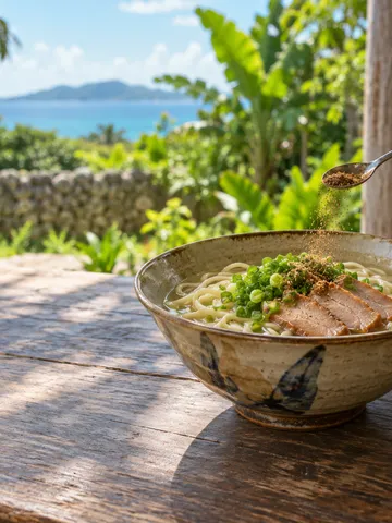 八重山そばに島こしょうの粉をふりかける手元