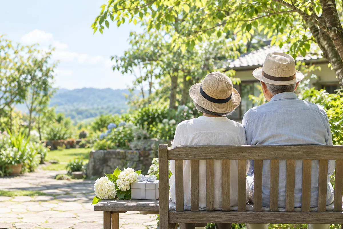 夏の庭のベンチに並ぶ年配の夫婦の後ろ姿