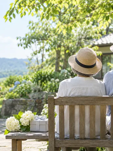 夏の庭のベンチに並ぶ年配の夫婦の後ろ姿