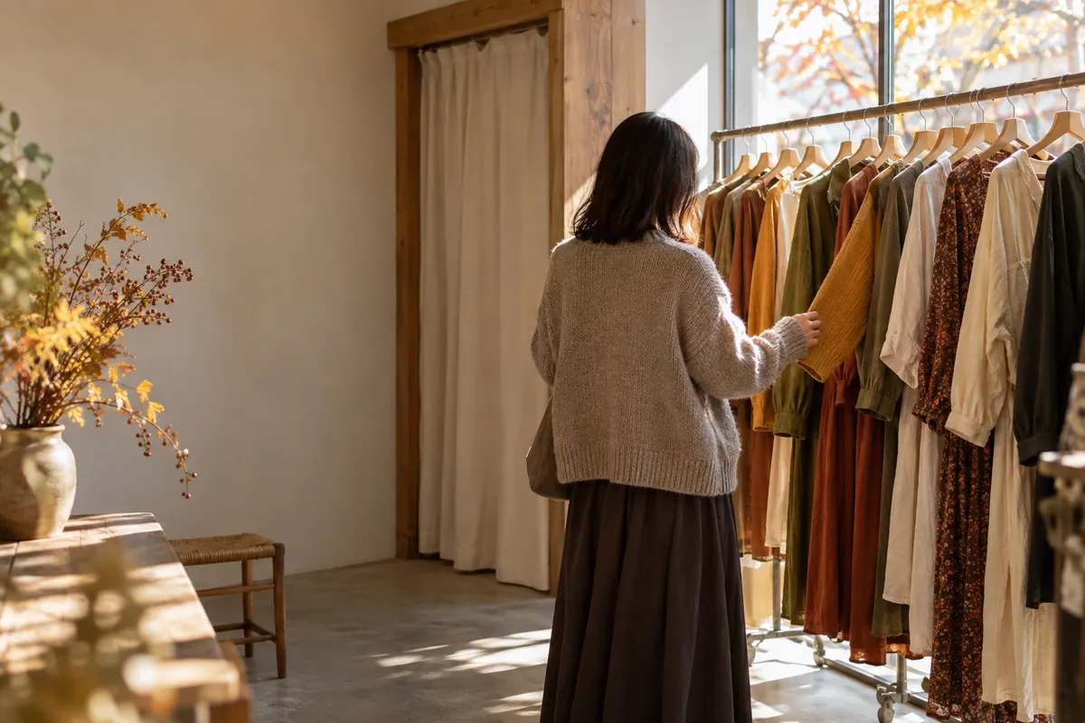 秋色の服が並ぶ店で袖に触れる後ろ姿