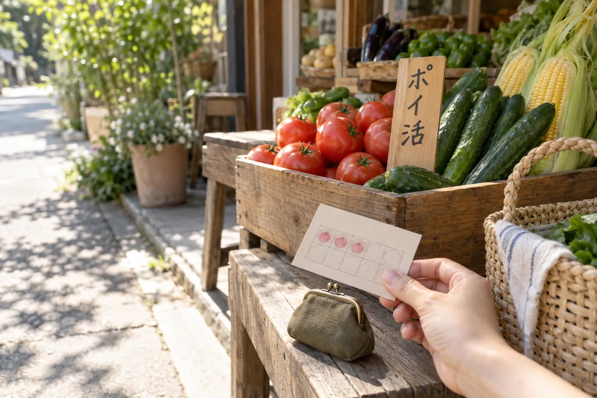夏野菜の店先に置かれた「ポイ活」の札とスタンプカード