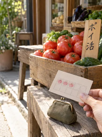 夏野菜の店先に置かれた「ポイ活」の札とスタンプカード