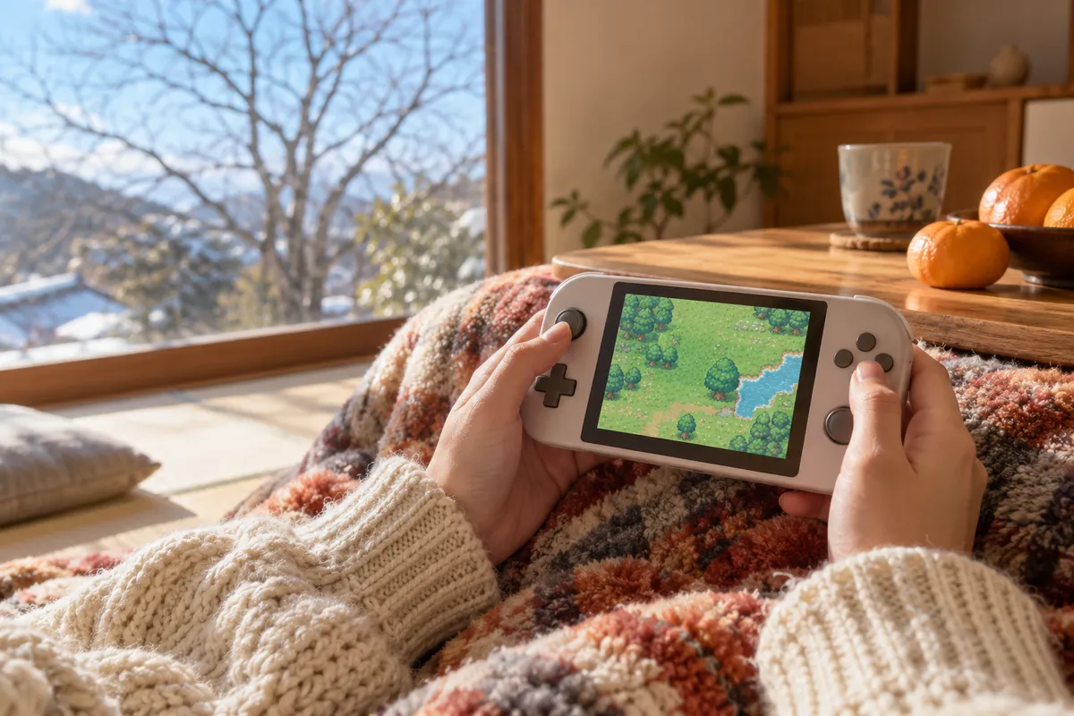 こたつでみかんの横にある携帯ゲーム機を持つ手元