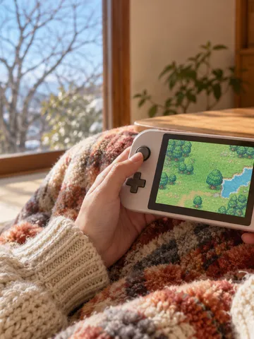 こたつでみかんの横にある携帯ゲーム機を持つ手元
