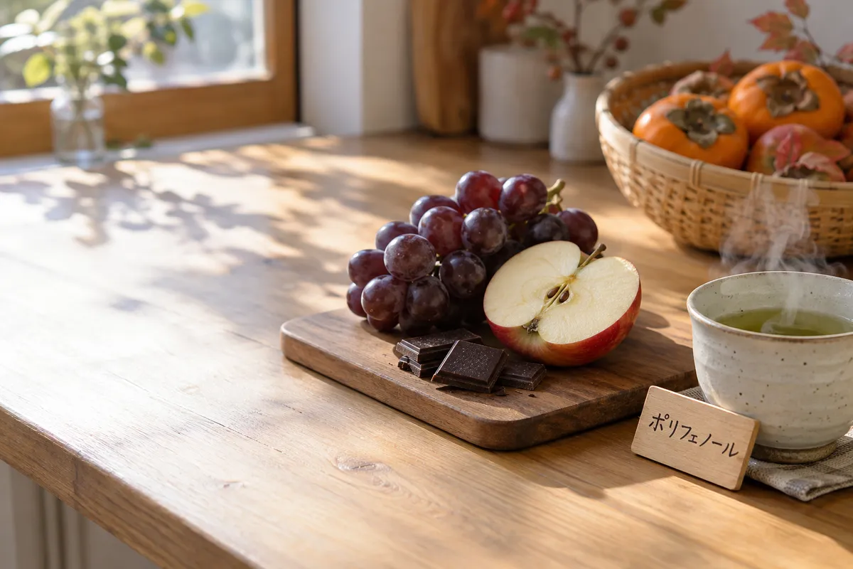 ぶどうやお茶と「ポリフェノール」の木札