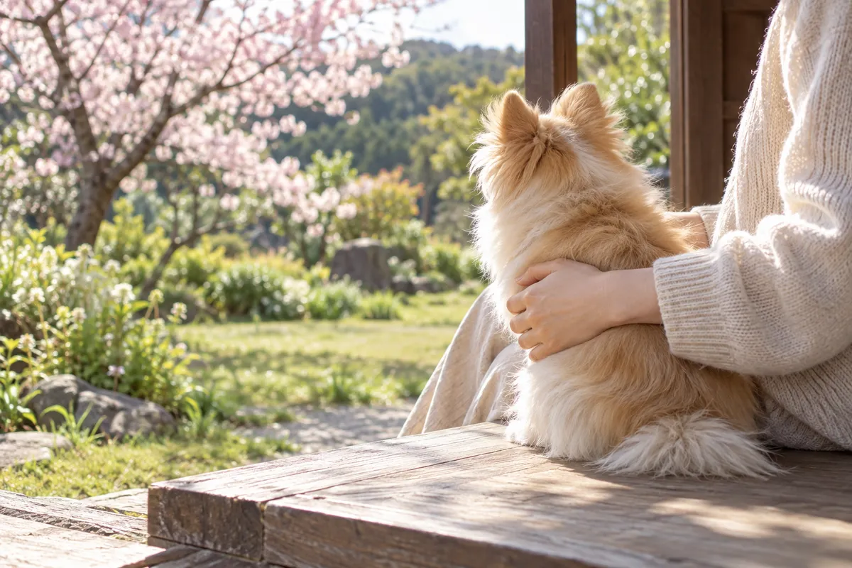 日なたでポメチワを抱きしめる飼い主の手元