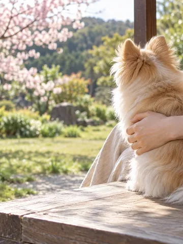 日なたでポメチワを抱きしめる飼い主の手元