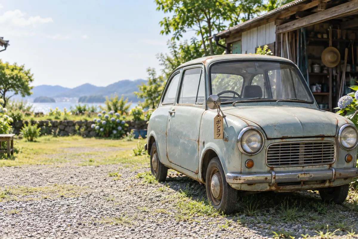 日なたに停まる古い小さな車と「ポンコツ」の木札