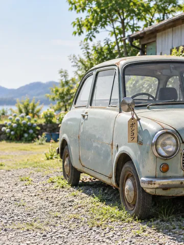 日なたに停まる古い小さな車と「ポンコツ」の木札