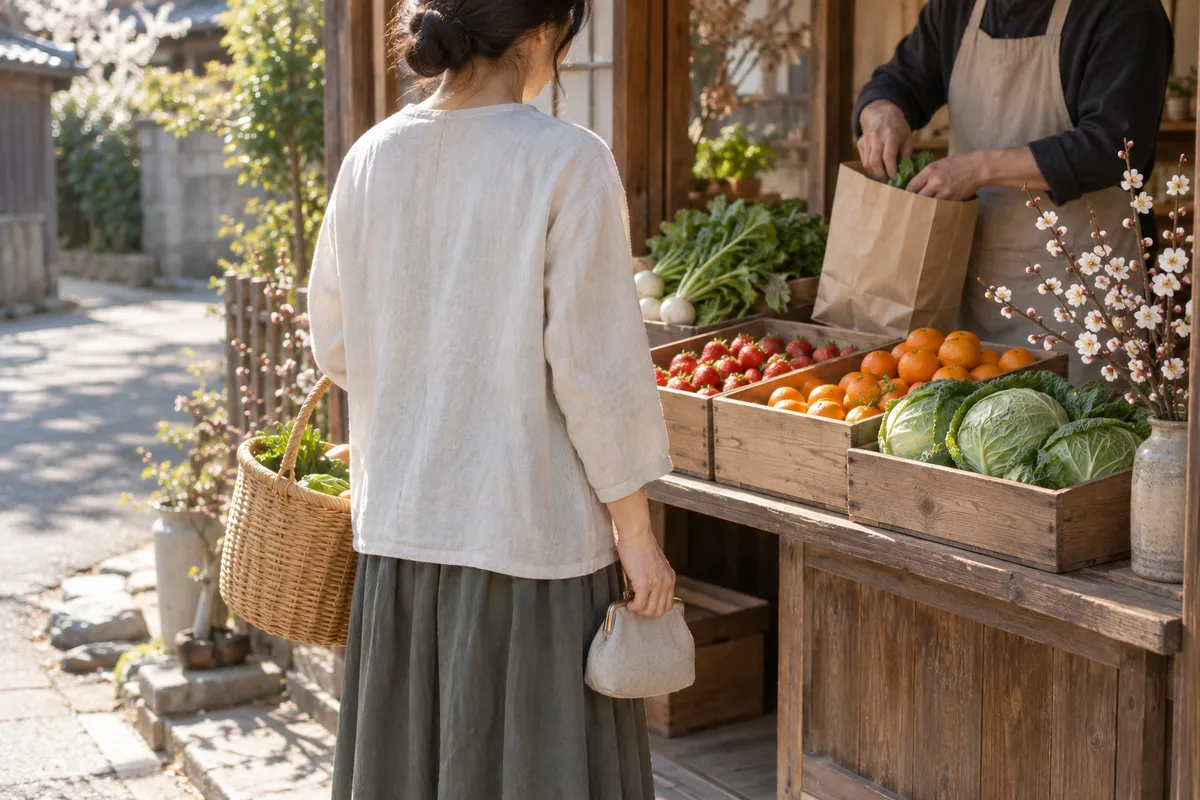 春先の八百屋の店先で買い物をする後ろ姿