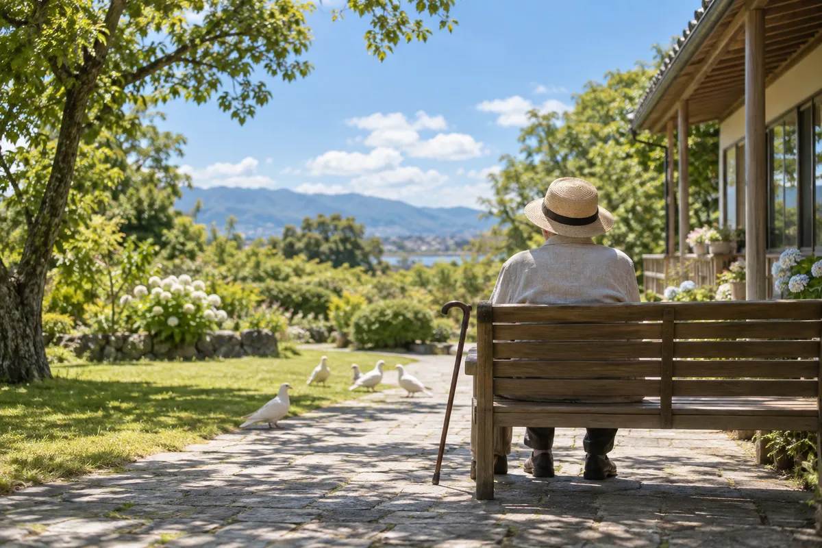 夏の庭のベンチに座る後ろ姿と白い鳩