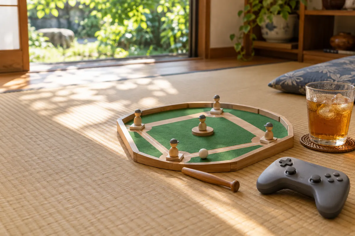 畳の上の野球盤の模型と麦茶、コントローラー