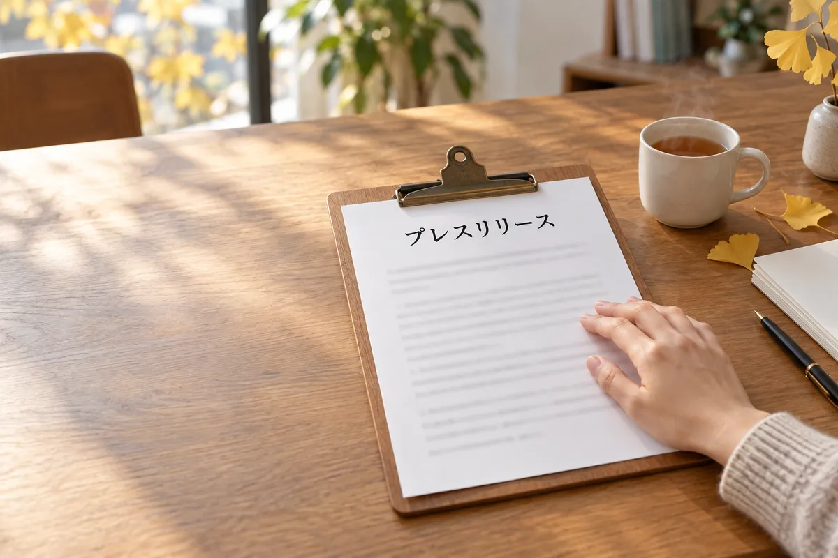 「プレスリリース」と書かれた紙と秋の葉のある机