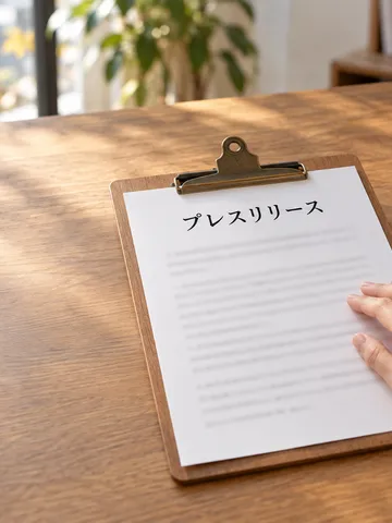 「プレスリリース」と書かれた紙と秋の葉のある机