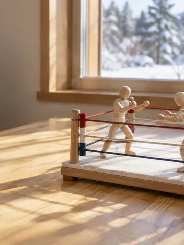 窓辺の木のテーブルに置かれたプロレスのリングのおもちゃ