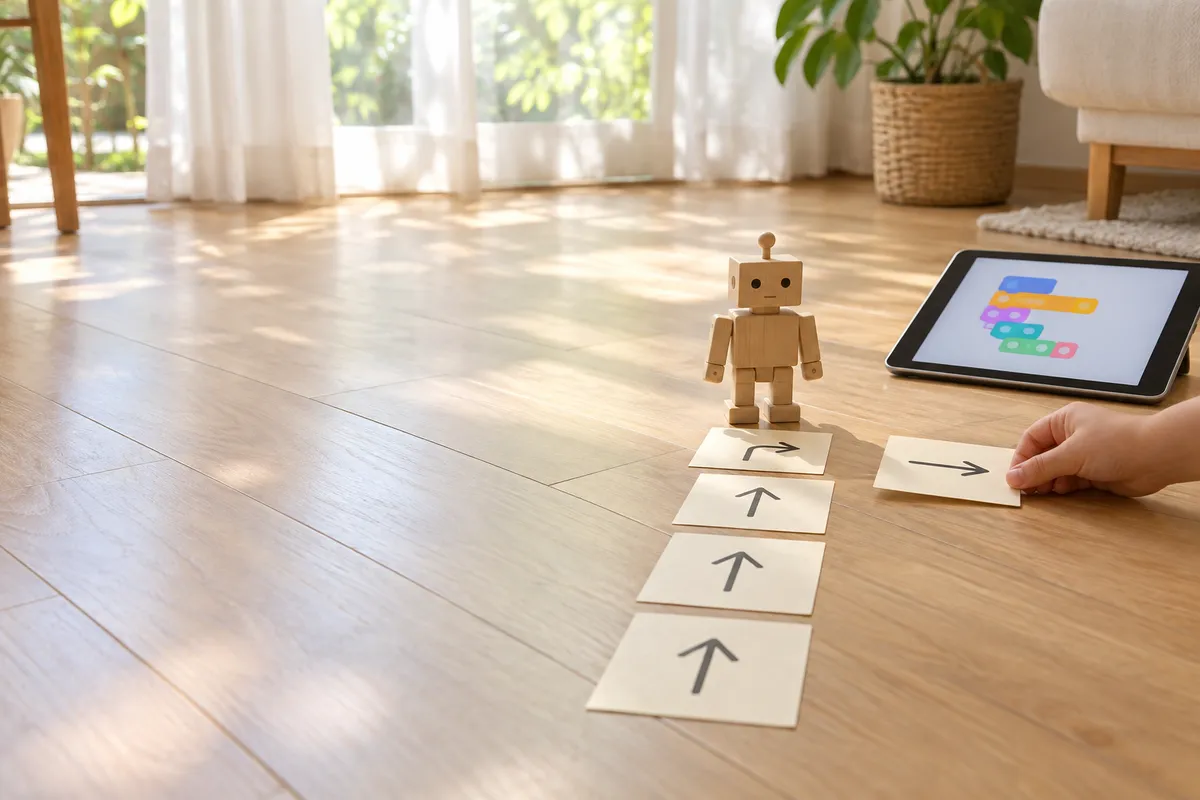 矢印のカードの道を進む木のロボットと、積み木式の画面