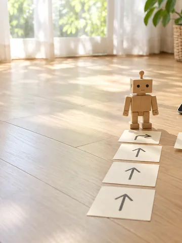 矢印のカードの道を進む木のロボットと、積み木式の画面