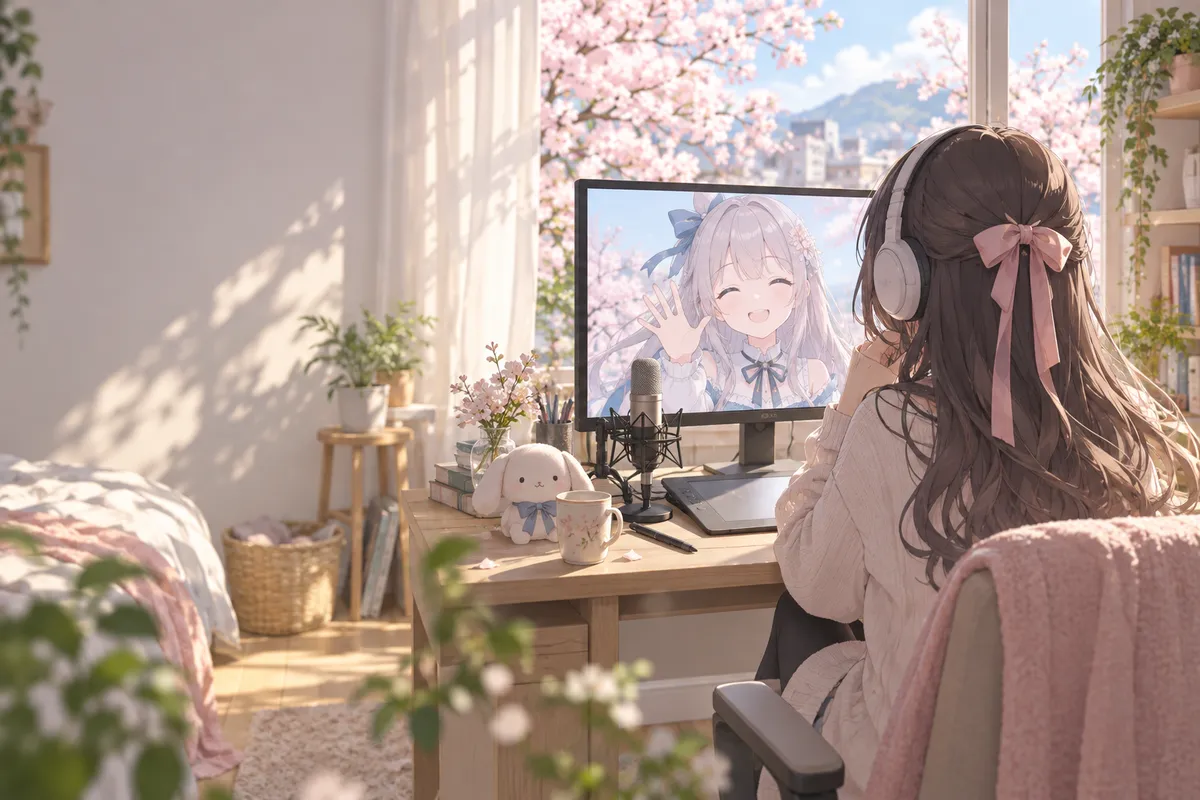 桜の見える部屋で配信するアニメ調のバーチャル配信者