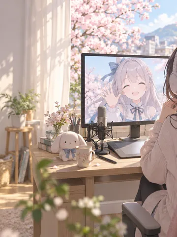 桜の見える部屋で配信するアニメ調のバーチャル配信者