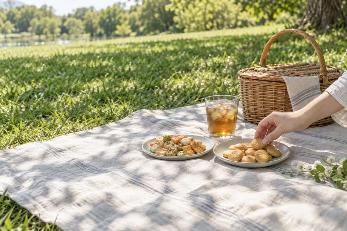 芝生の上の小皿に盛ったビスケットと米菓