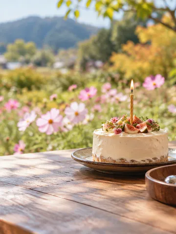 ケーキと銀色の玉、木の老人人形が並ぶ屋外のテーブル