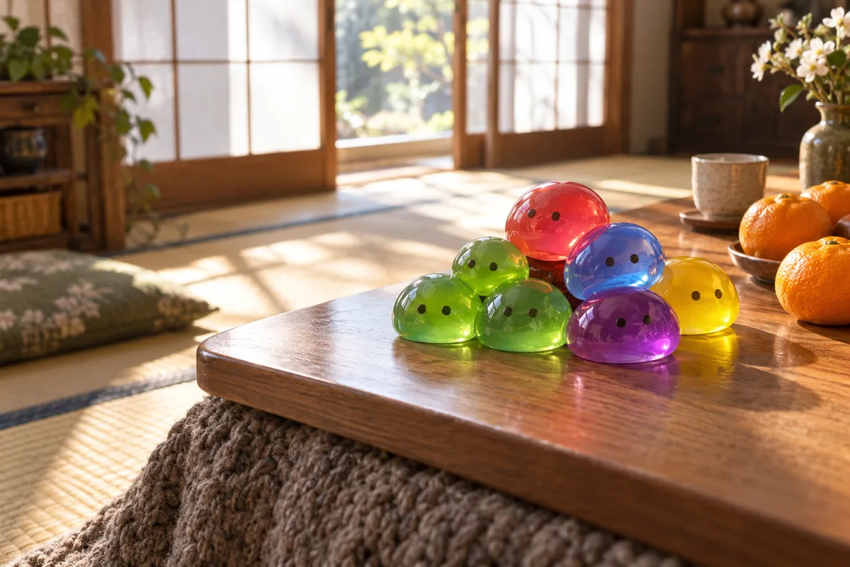 こたつの上に積まれた、丸くてつやのある色とりどりのゼリー状のマスコット