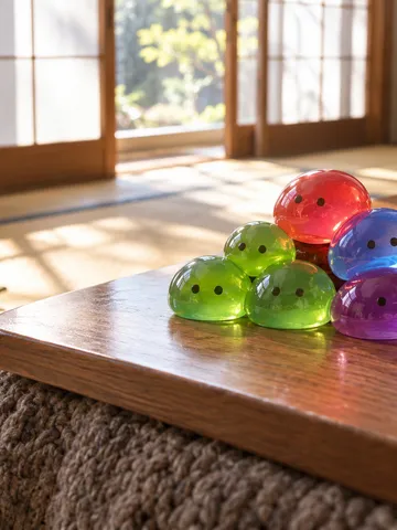 こたつの上に積まれた、丸くてつやのある色とりどりのゼリー状のマスコット