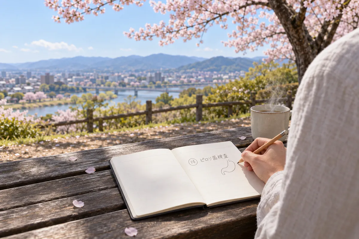 桜の下のベンチに置かれた手帳と胃のイラスト