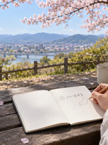 桜の下のベンチに置かれた手帳と胃のイラスト